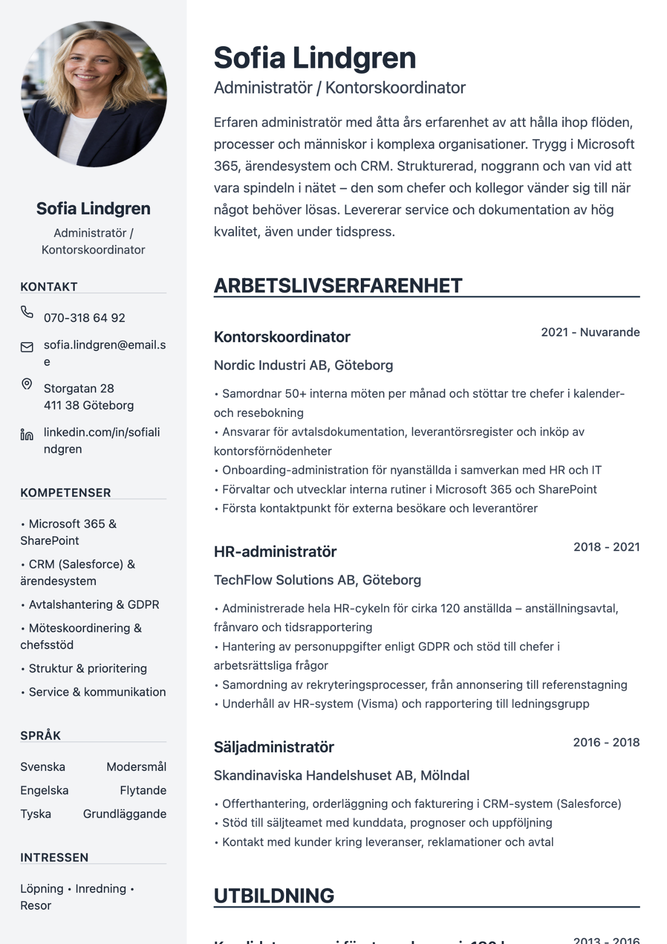 CV exempel administratör – Sofia Lindgren, Administratör / Kontorskoordinator