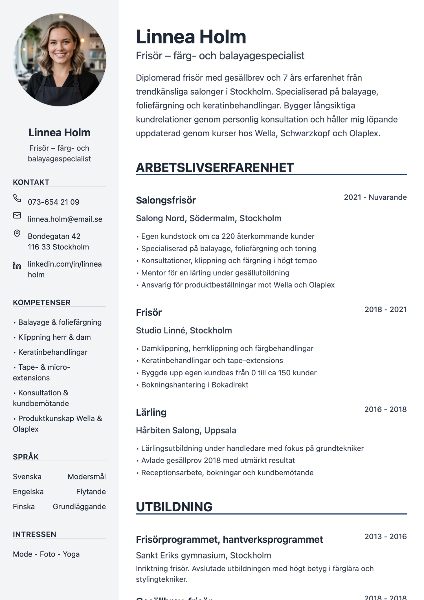 CV exempel frisör – Linnea Holm, Frisör – färg- och balayagespecialist