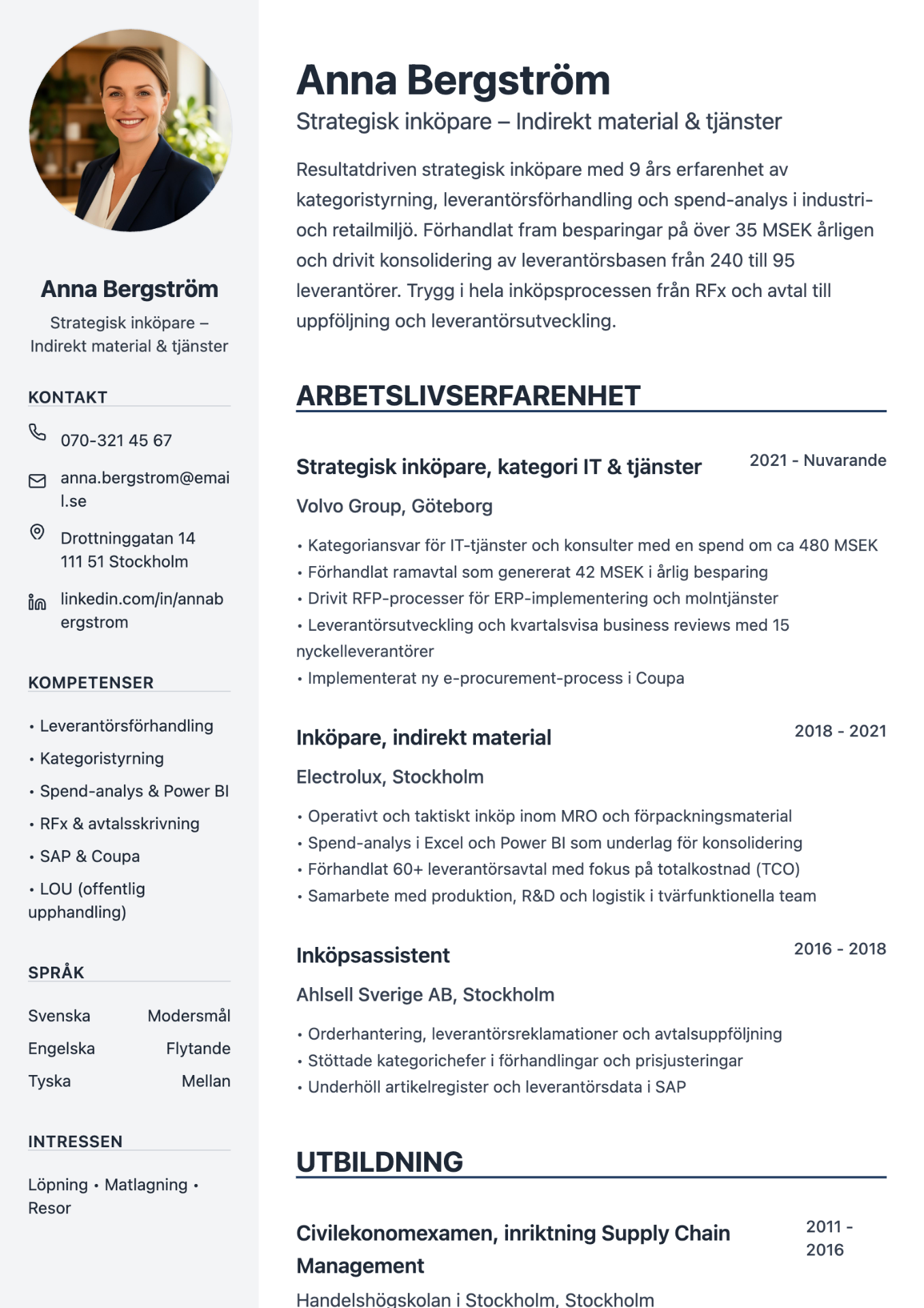 CV exempel inköpare – Anna Bergström, Strategisk inköpare