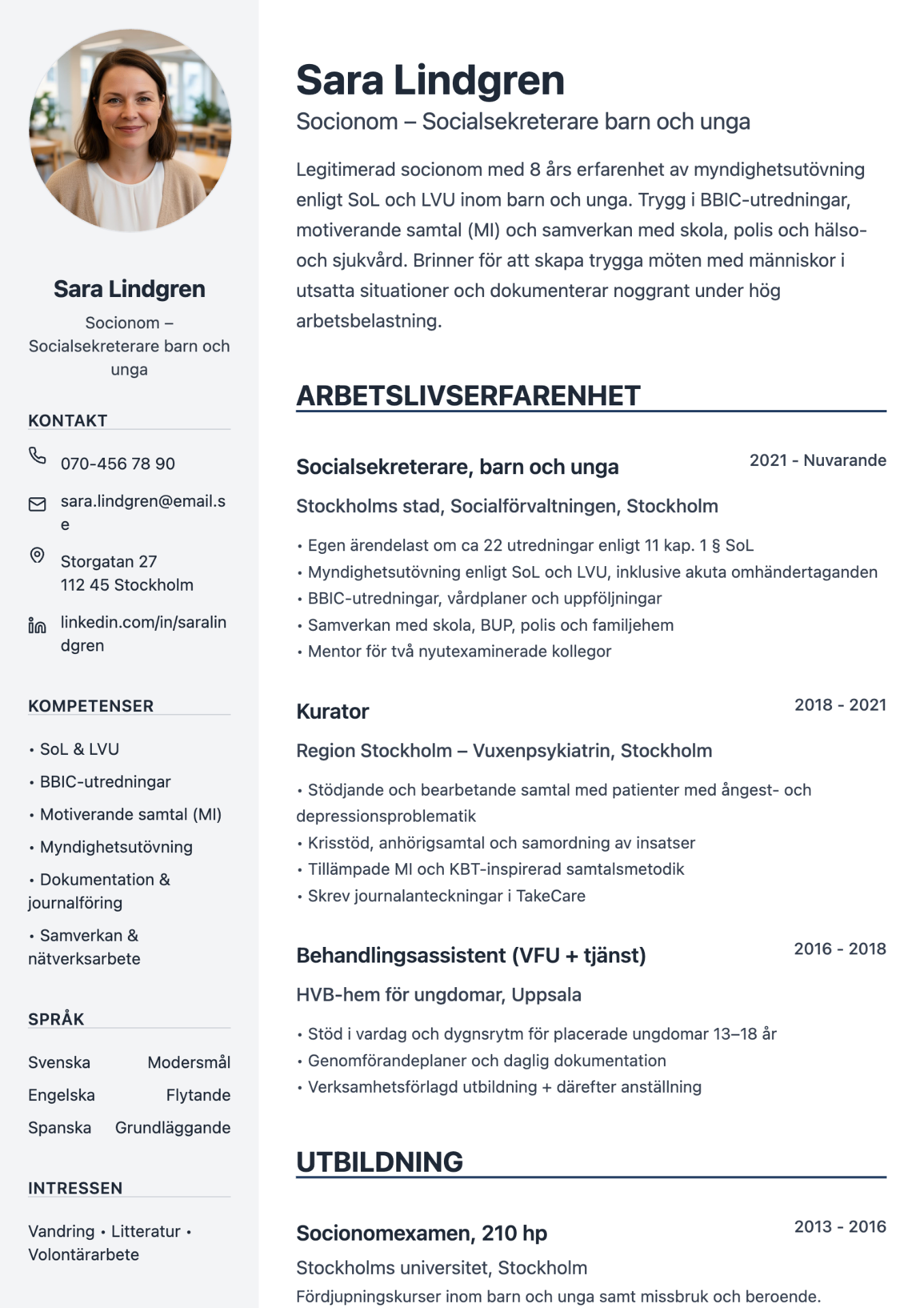 CV exempel socionom – Sara Lindgren, Socionom – Socialsekreterare barn och unga