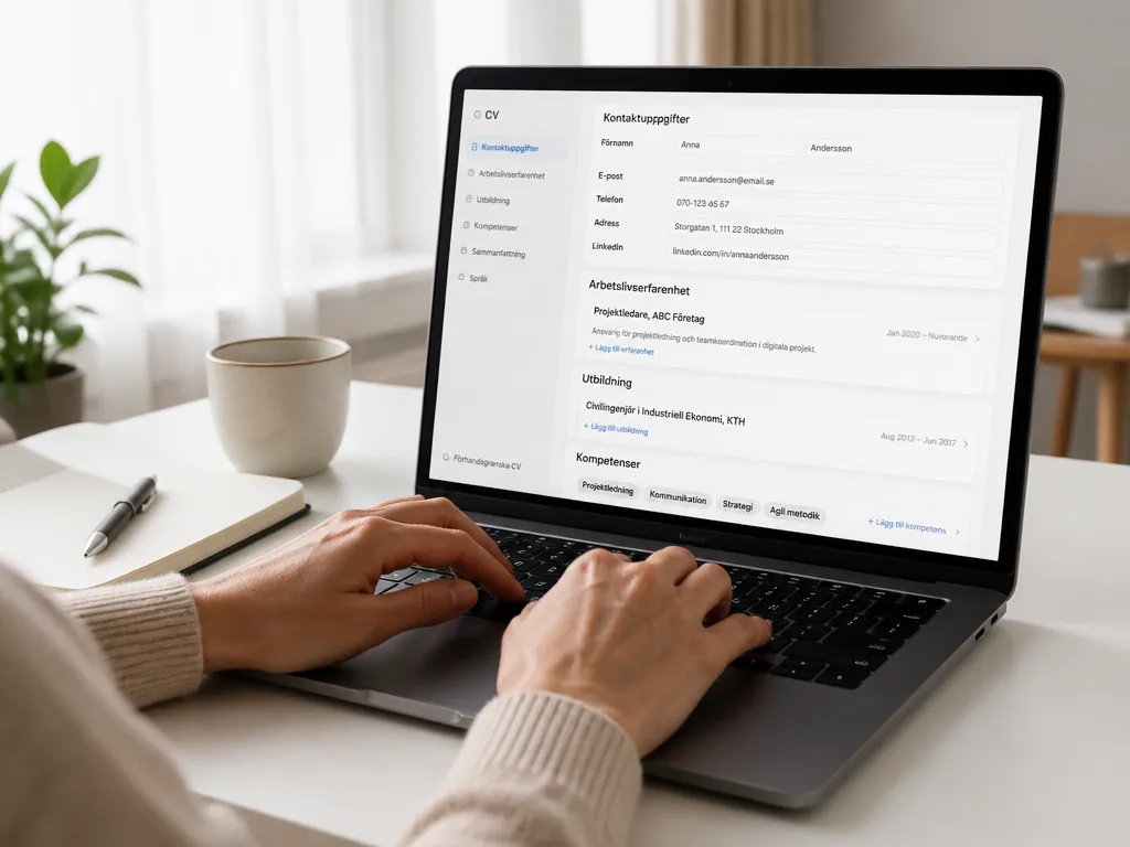 Händer som fyller i CV-uppgifter på en dator