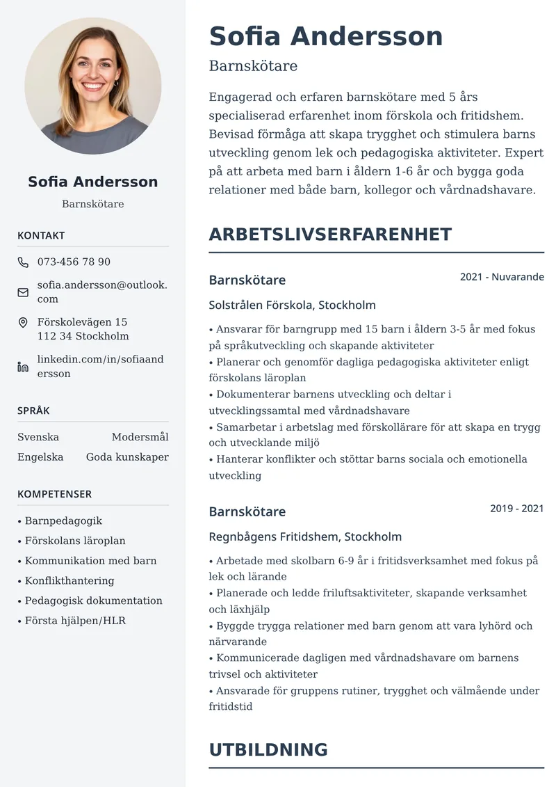 CV-exempel för barnskötare med tvåspaltig layout och tydlig arbetslivssektion