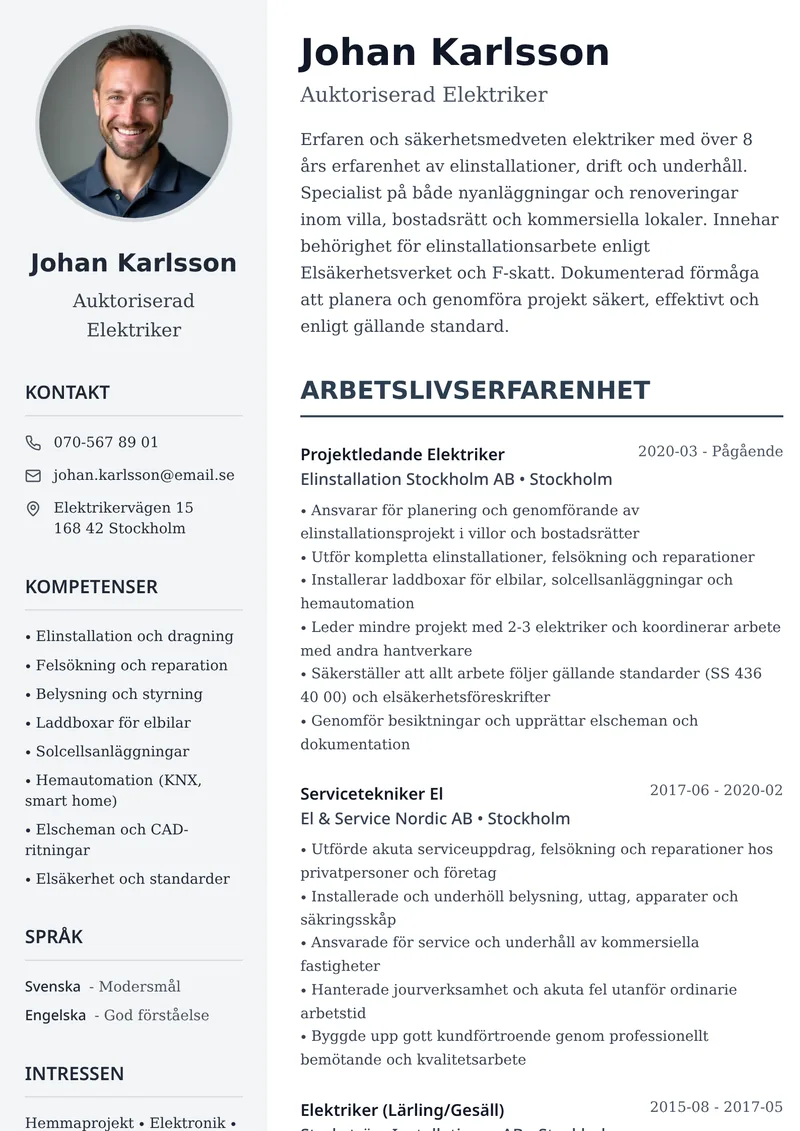 CV-exempel för elektriker med tvåspaltig layout och sektion för certifieringar