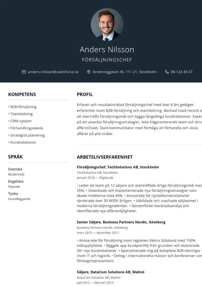 CV-exempel för försäljningschef med djärv färgad header och stark visuell hierarki