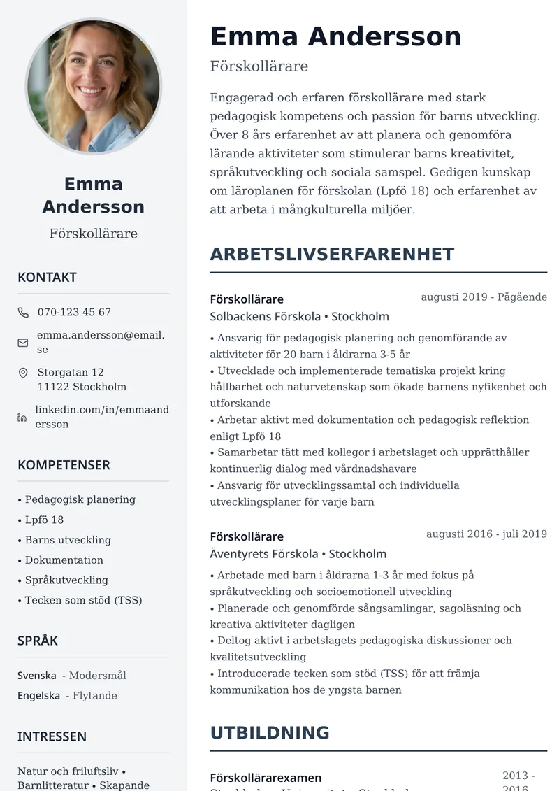 CV-exempel för förskollärare med tvåspaltig layout och pedagogisk profilbeskrivning