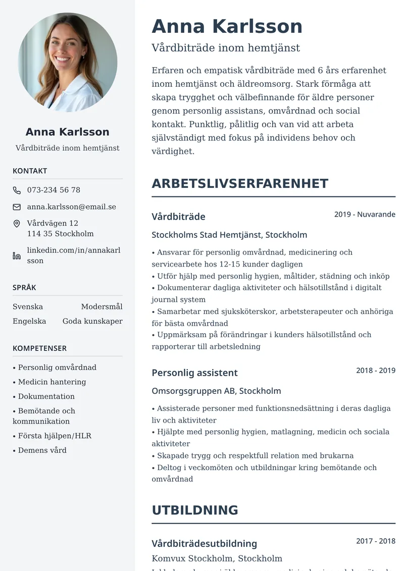 CV-exempel för personal inom hemtjänst med tydlig meritstruktur och sidopanel
