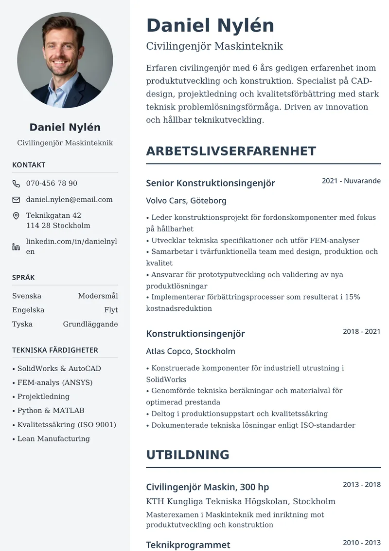CV-exempel för ingenjör med tvåspaltig layout och sektion för projekt och kompetenser