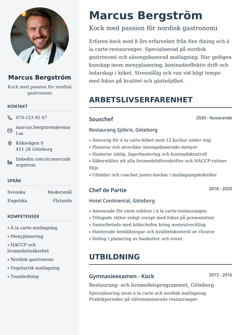CV-exempel för kock med tvåspaltig layout och sektion för restaurangerfarenhet
