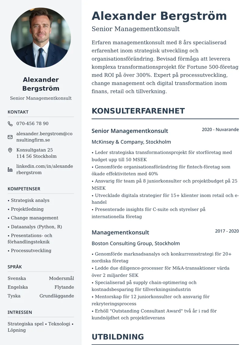 CV-exempel för konsult med tvåspaltig layout och tydlig uppdragshistorik