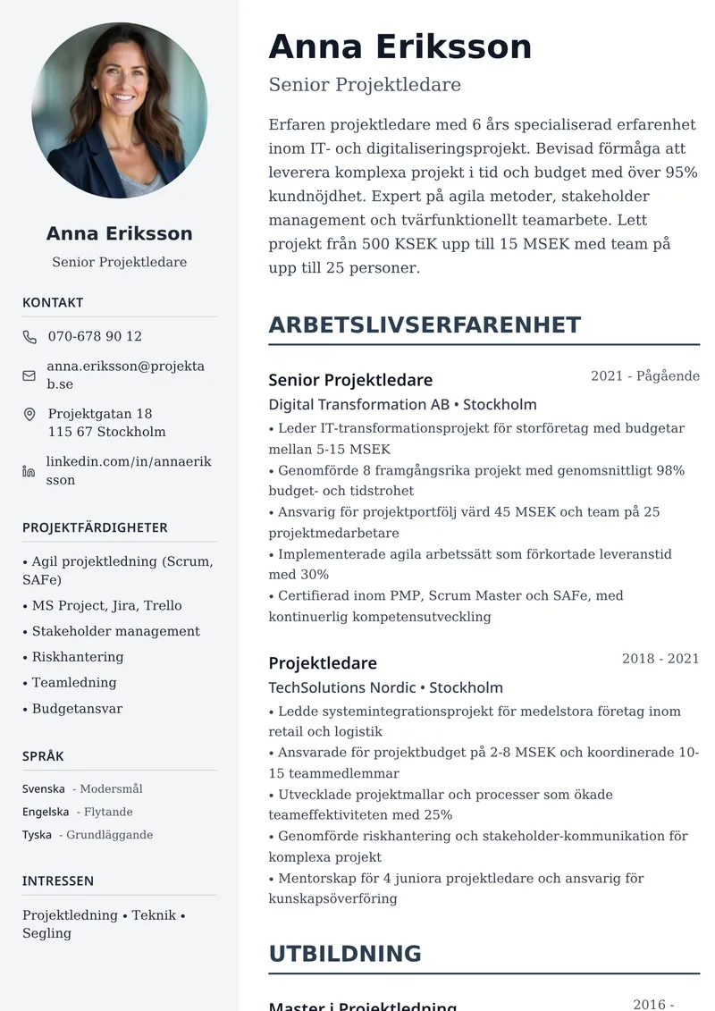 CV-exempel för projektledare med tvåspaltig layout, profilbild och projekthistorik