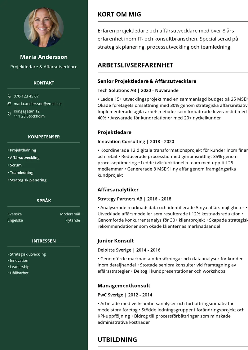 CV-exempel för projektledare med klassisk tvåspaltig layout och profilbild