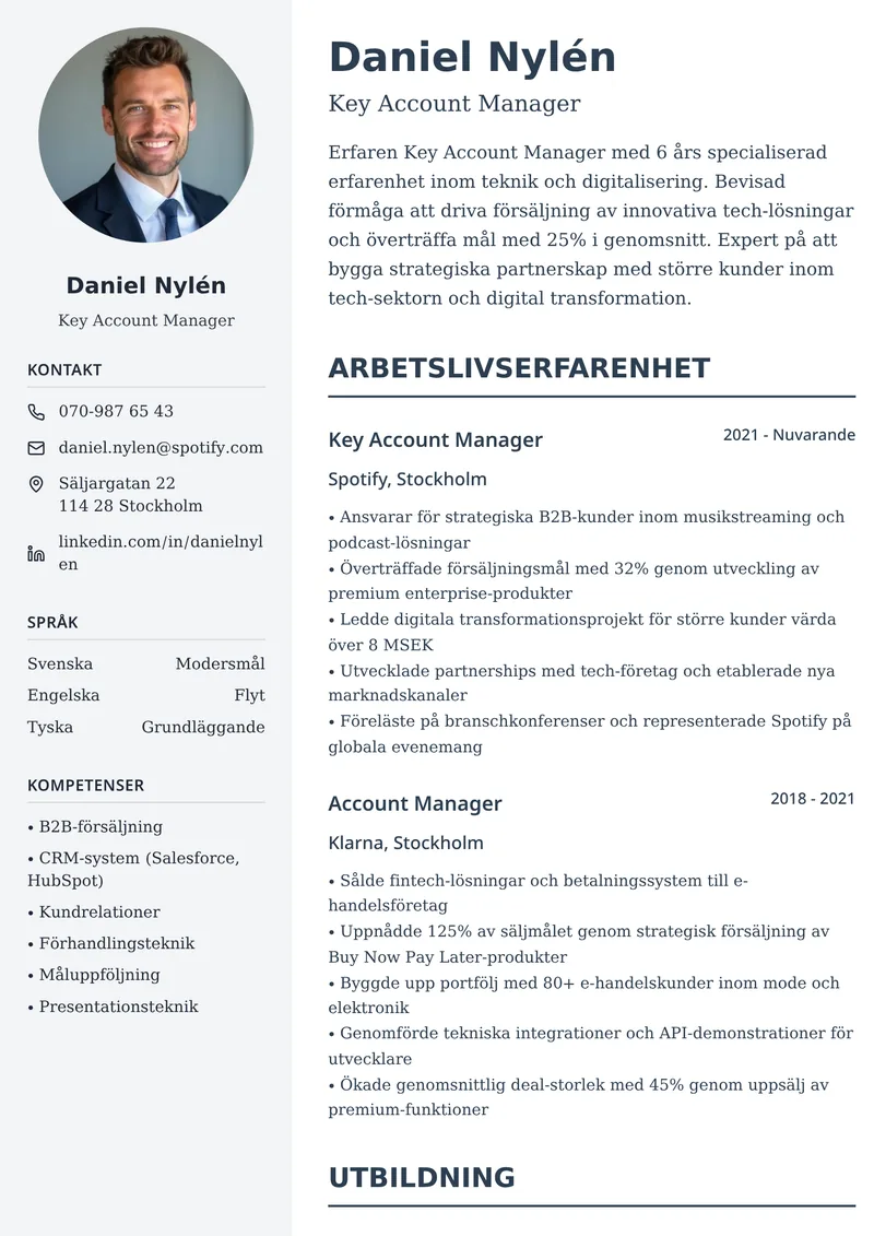 CV-exempel för säljare med tvåspaltig layout och profilbild samt säljmeriter