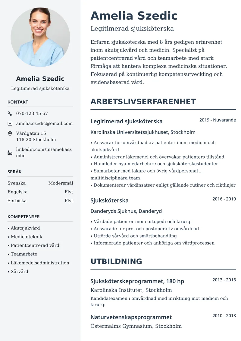 CV-exempel för sjuksköterska med tvåspaltig layout, profilbild och tydlig meritlista
