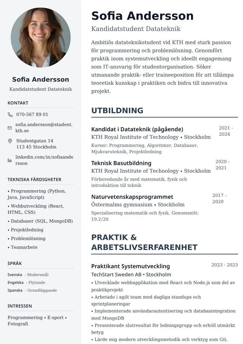 CV-exempel för student med tvåspaltig layout och fokus på utbildning och praktik
