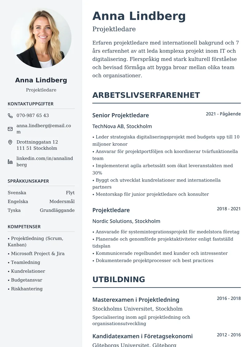 CV-exempel på svenska med tvåspaltig layout och standardiserad meritstruktur