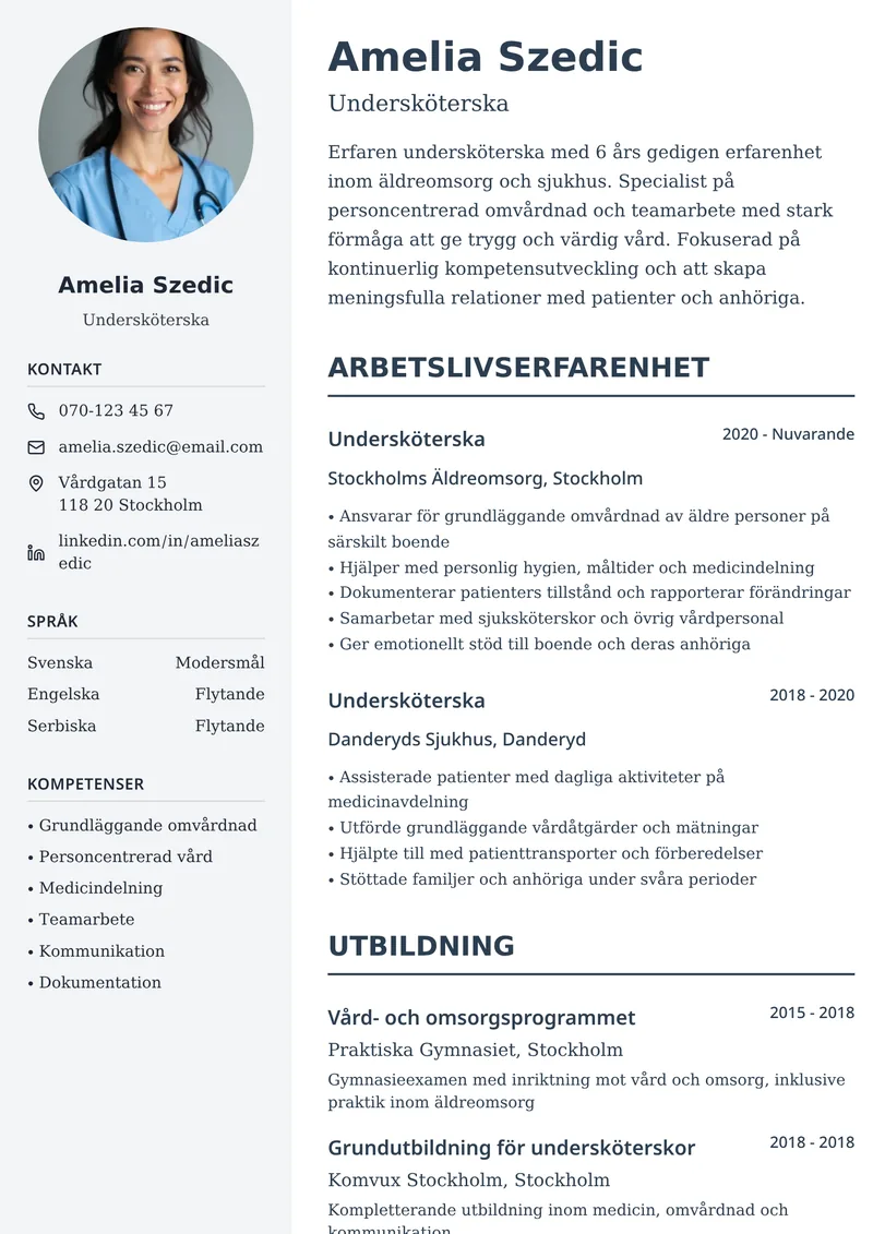 CV-exempel för undersköterska med tvåspaltig layout och sidokolumn för kompetenser