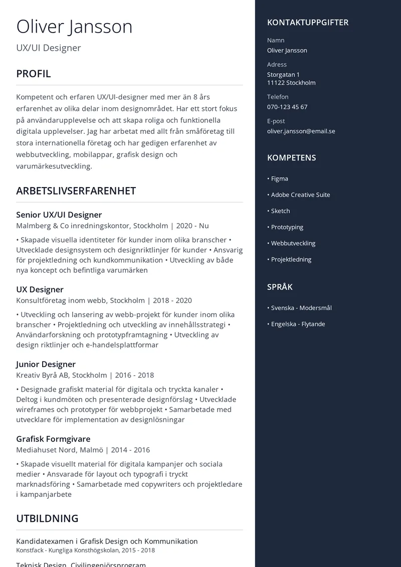 Dynamisk cv-mall med färgstark accent
