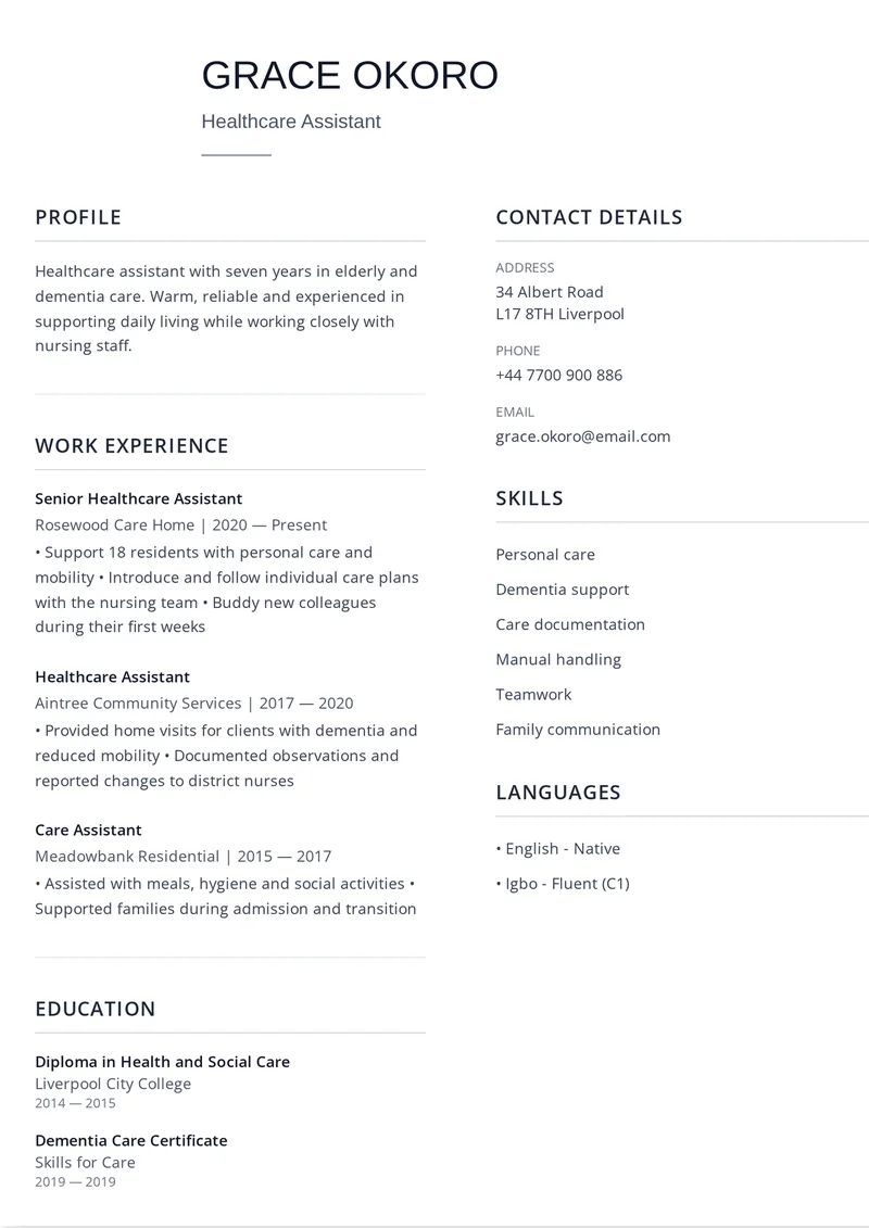 Cv mall på engelska: Allsidig med rubrikerna Work Experience, Education och Skills