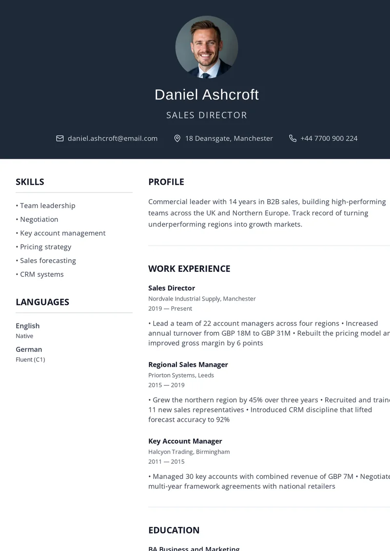 Cv mall på engelska: Djärv med rubrikerna Work Experience, Education och Skills