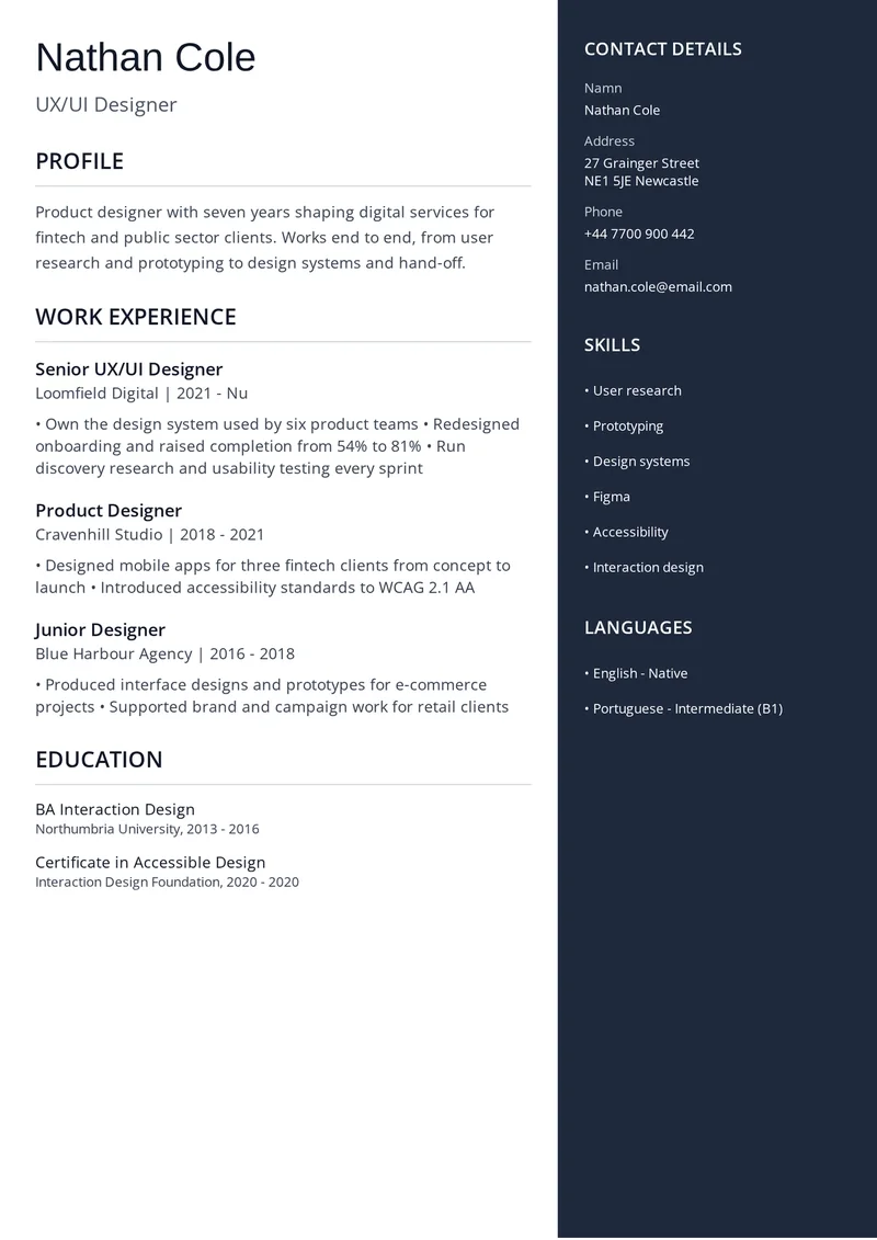 Cv mall på engelska: Dynamisk med rubrikerna Work Experience, Education och Skills