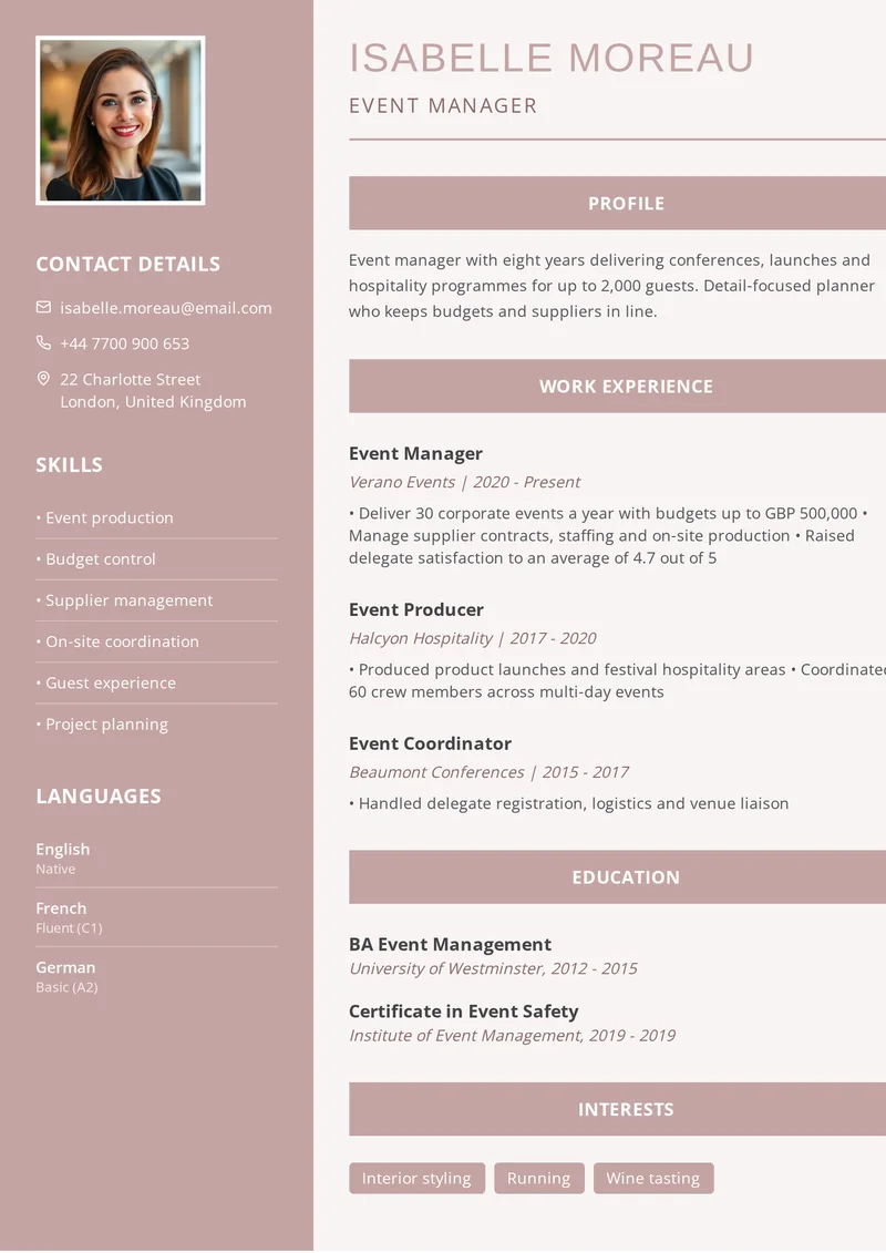 Cv mall på engelska: Elegant med rubrikerna Work Experience, Education och Skills
