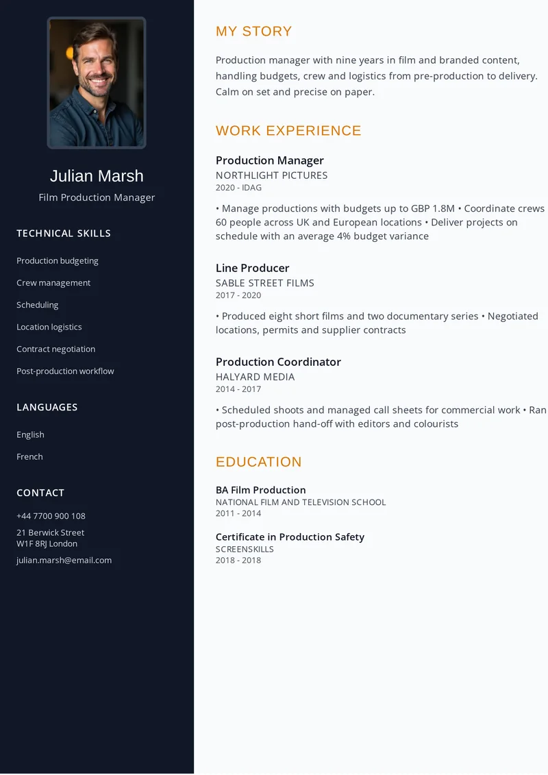 Cv mall på engelska: Kreativ med rubrikerna Work Experience, Education och Skills