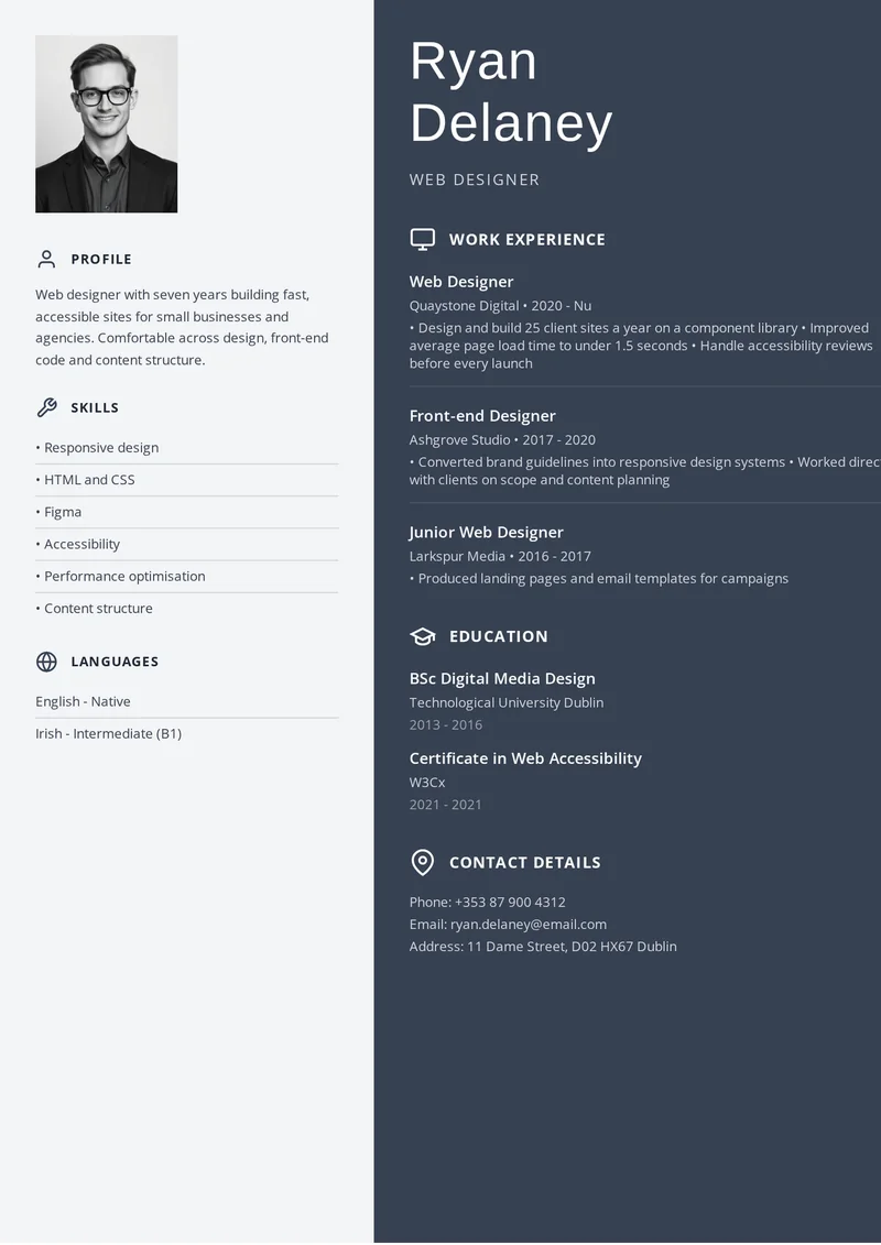 Cv mall på engelska: Modern med rubrikerna Work Experience, Education och Skills