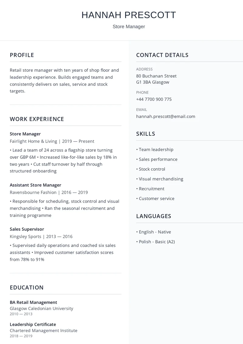 Cv mall på engelska: Robust med rubrikerna Work Experience, Education och Skills