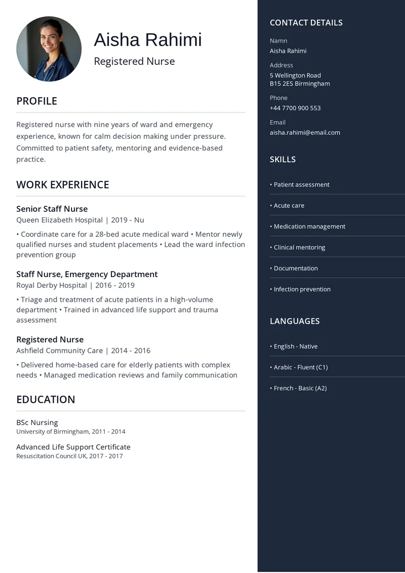 Cv mall på engelska: Strukturerad med rubrikerna Work Experience, Education och Skills