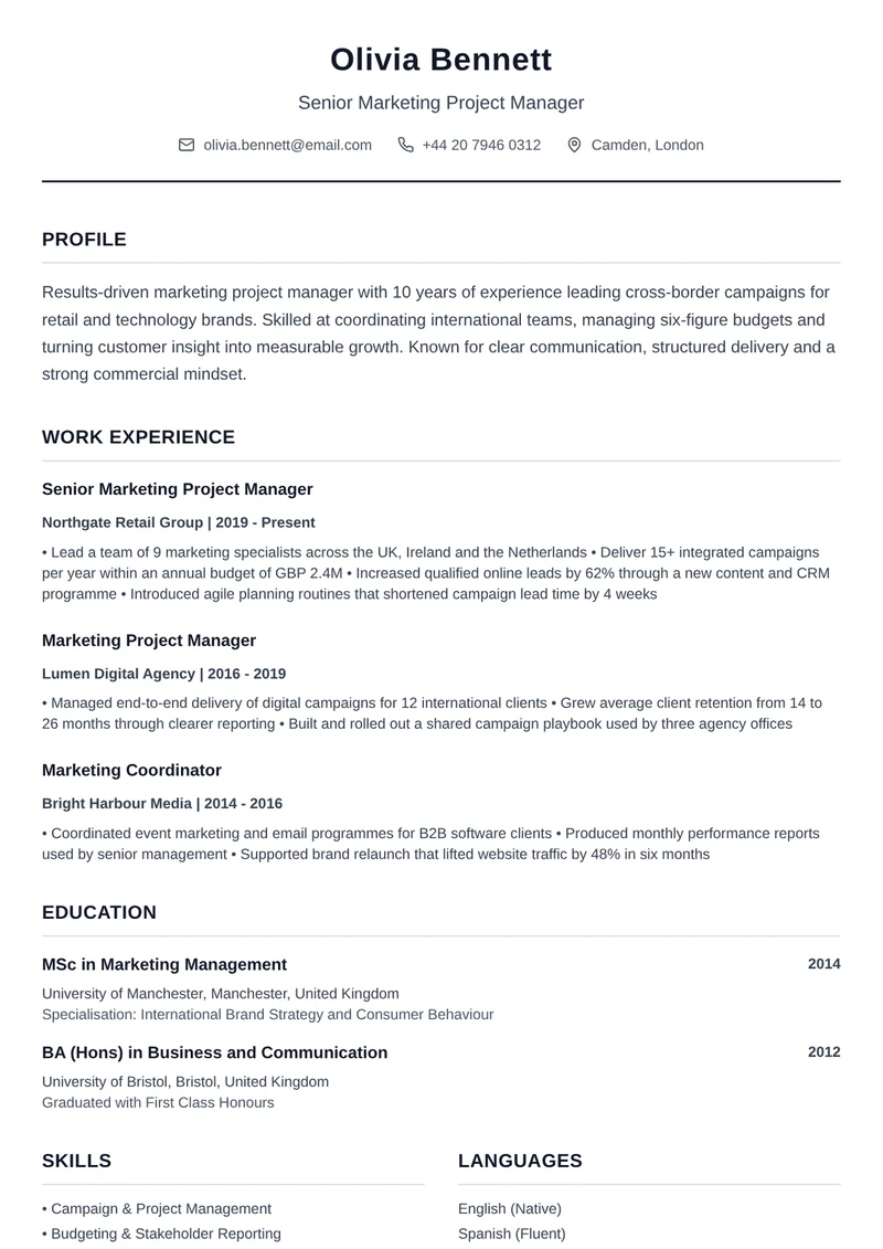Cv mall på engelska: Traditionell med rubrikerna Work Experience, Education och Skills