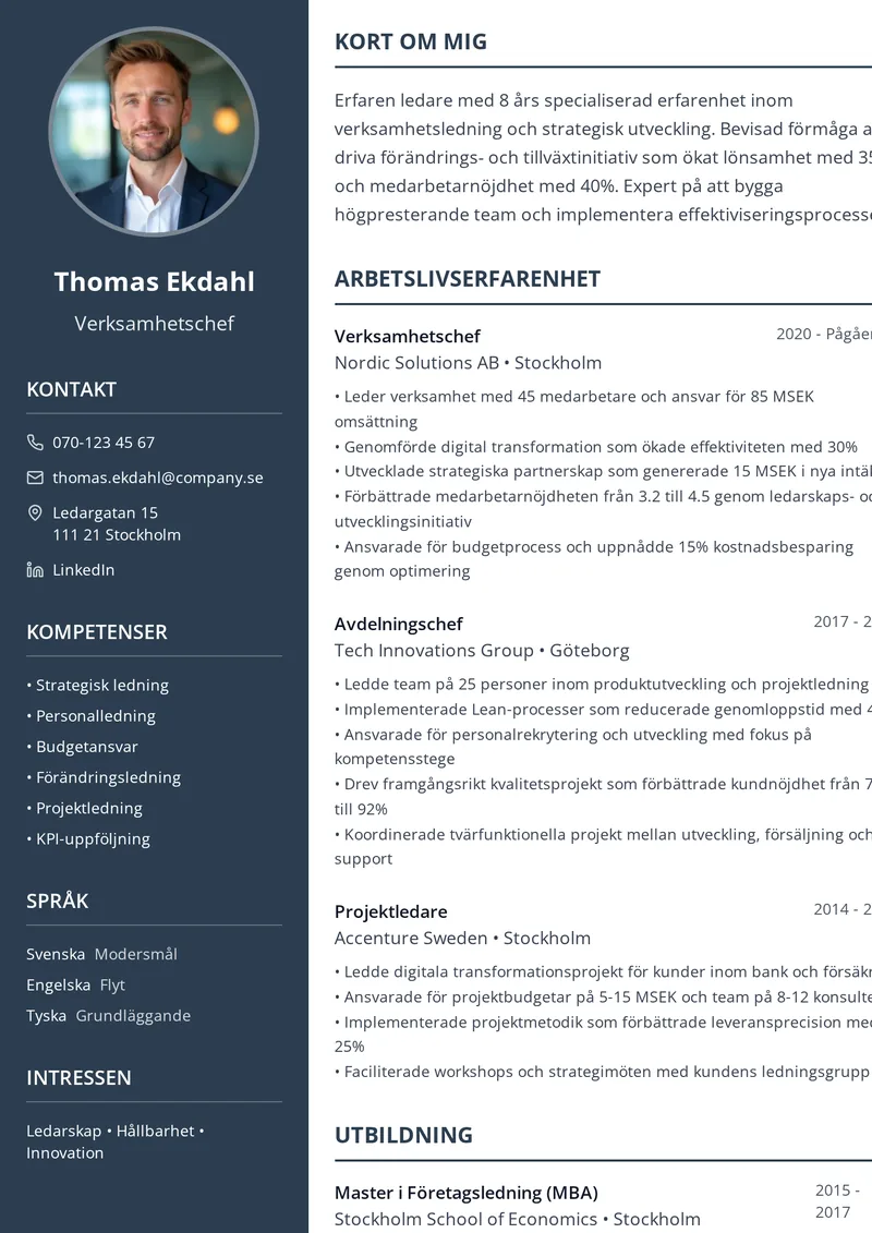 Cv-mall Stadig med tvåspaltig layout, exempel på professionell cv-mall