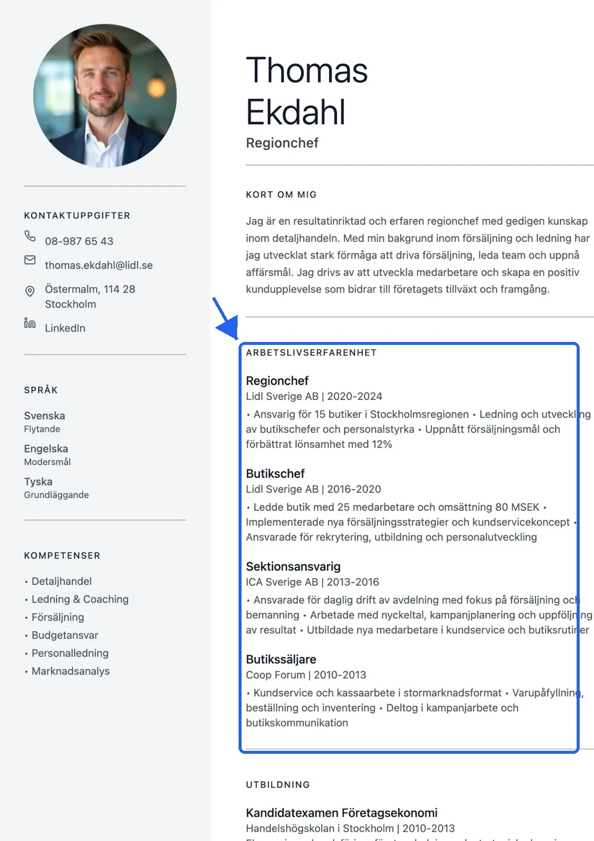 CV-exempel där arbetslivserfarenheten är markerad i ditt cv med en blå ram och pil