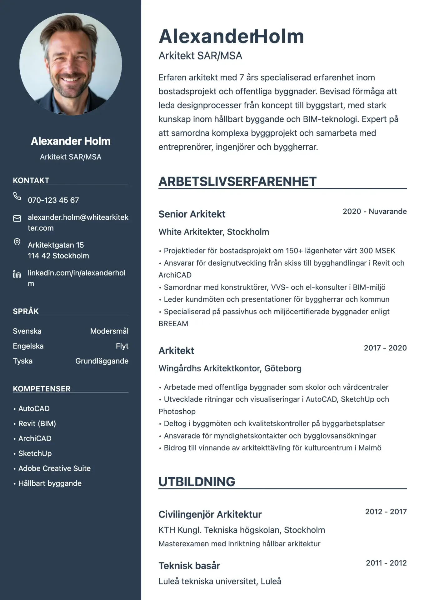 Exempel på CV för arkitekt med kreativ layout och fokus på designkompetens