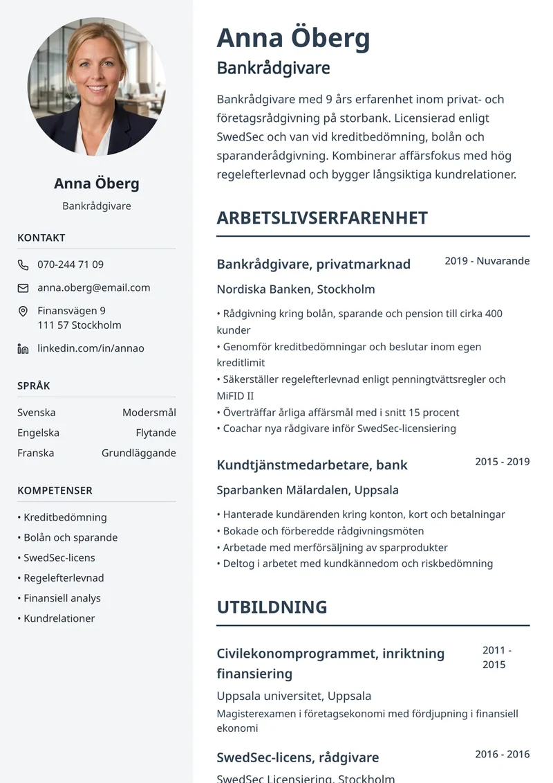 Cv-exempel för bank och finans med tydlig mall