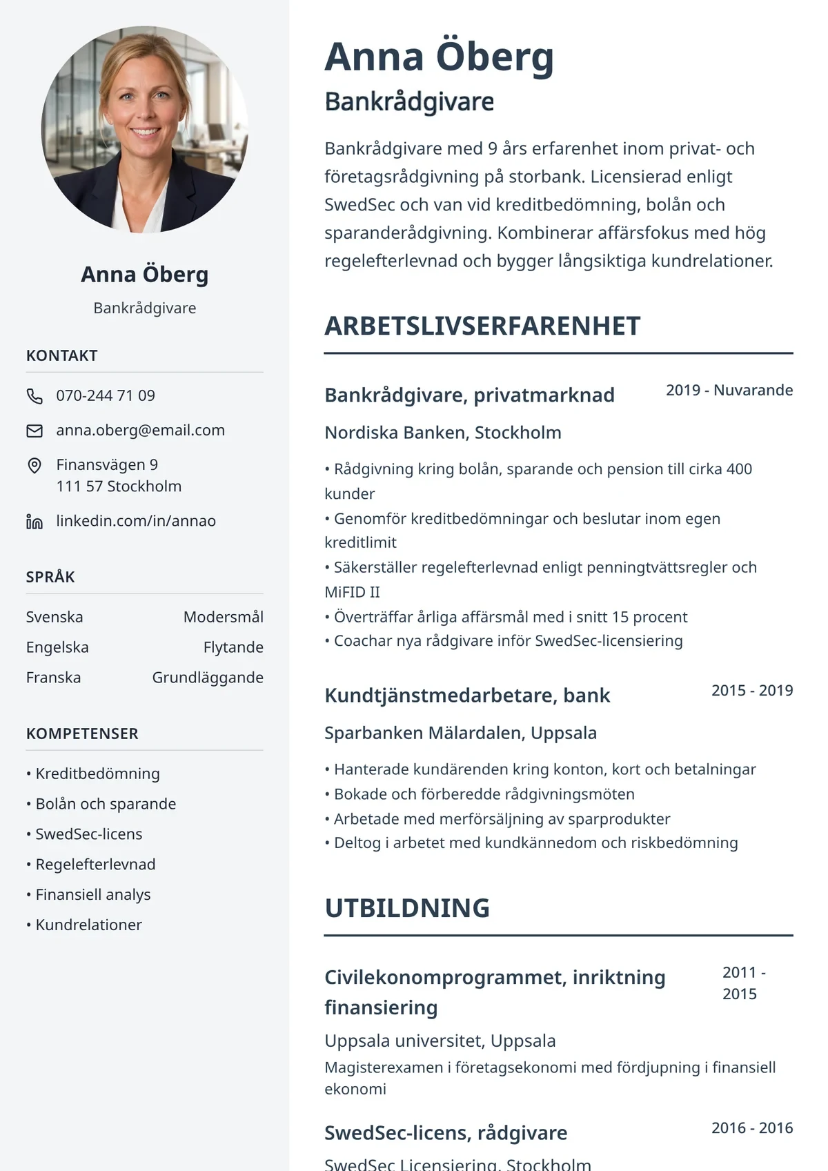 CV-exempel för bank och finans med tydlig mall