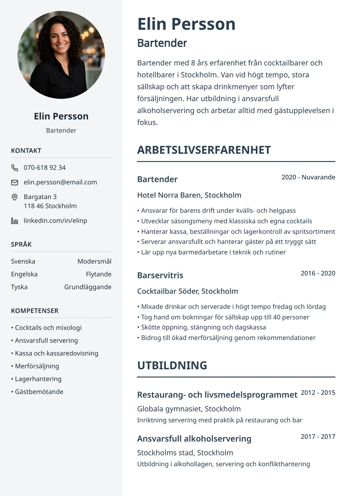 CV-exempel för bartender med tydlig mall