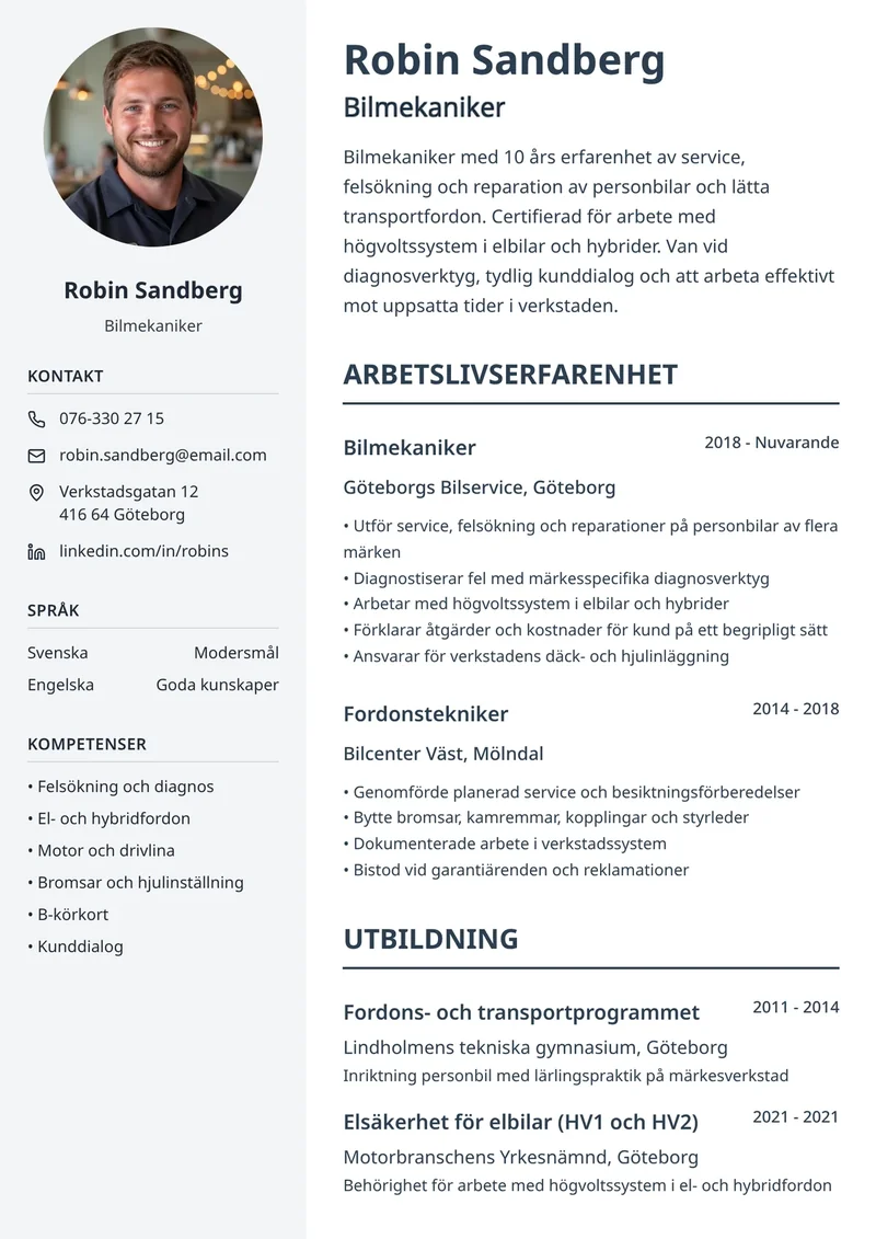 Cv-exempel för bilmekaniker med tydlig mall