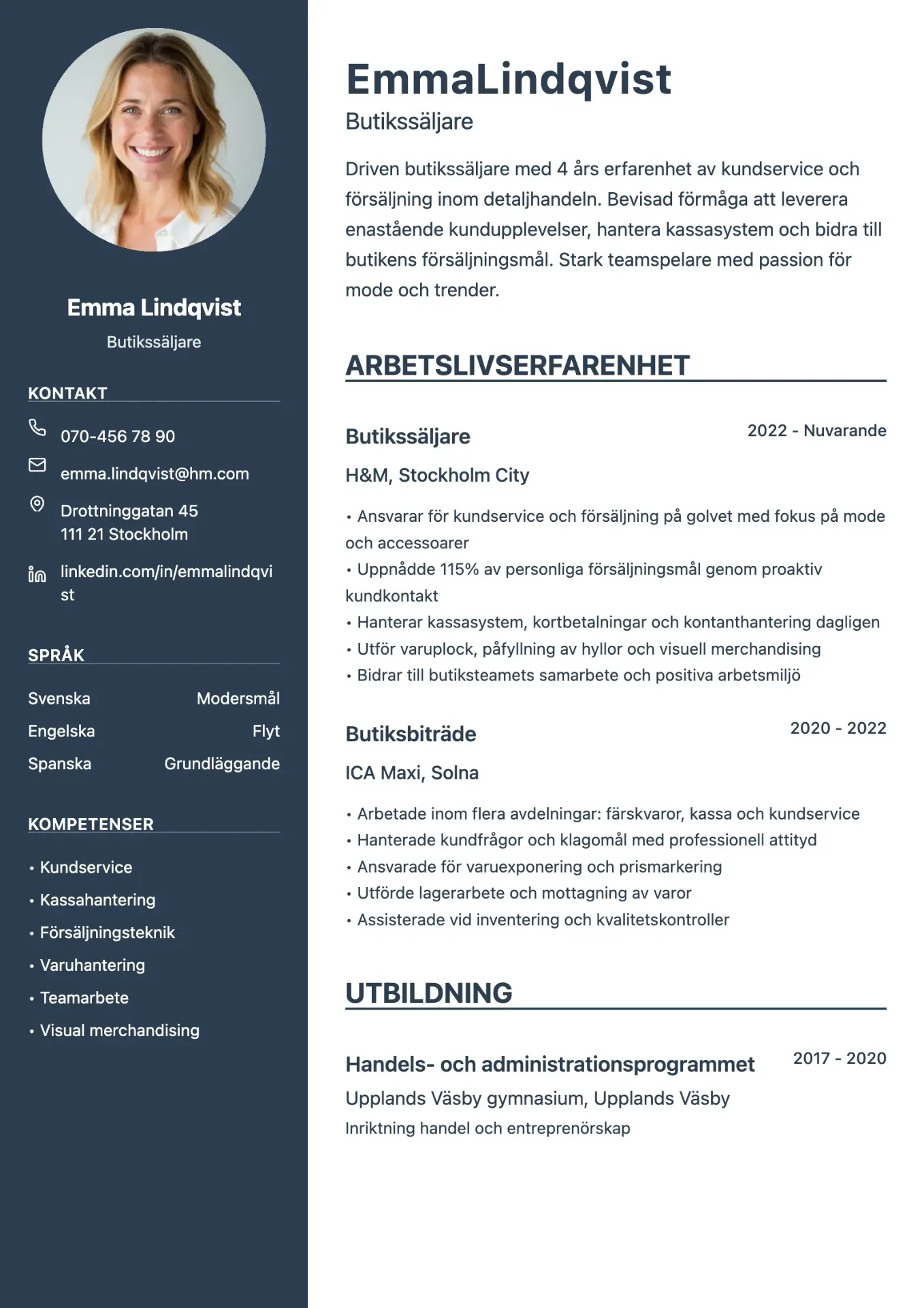 Exempel på CV för butikssäljare med modern layout och fokus på kundservice