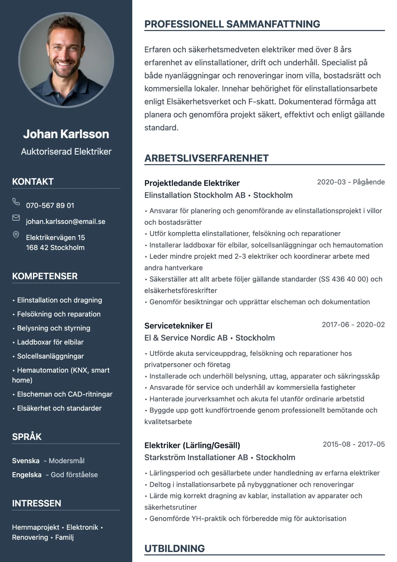 Exempel på CV för elektriker med teknisk layout och tydlig struktur