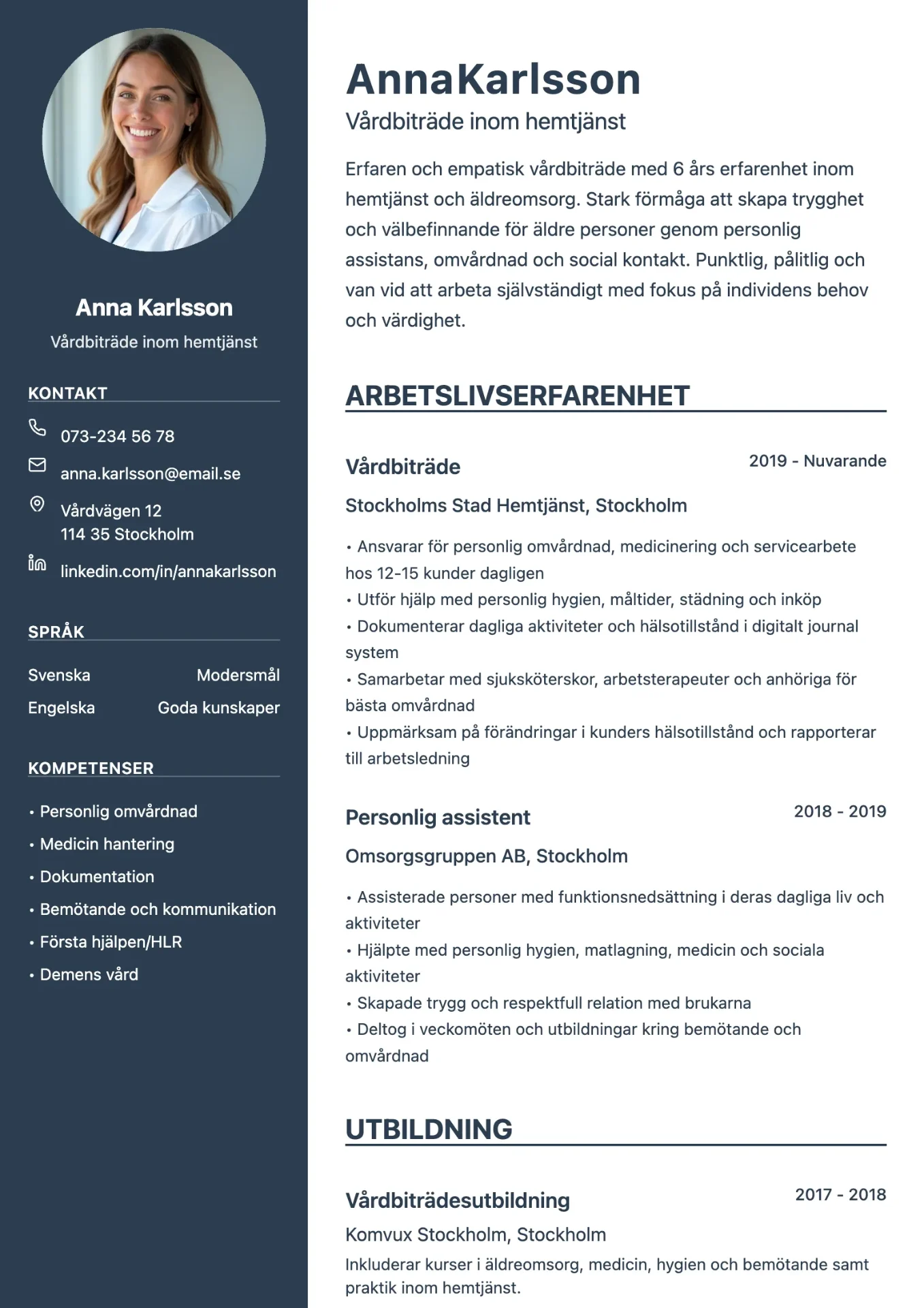 Exempel på CV för hemtjänst med omtänksam layout och fokus på omsorg