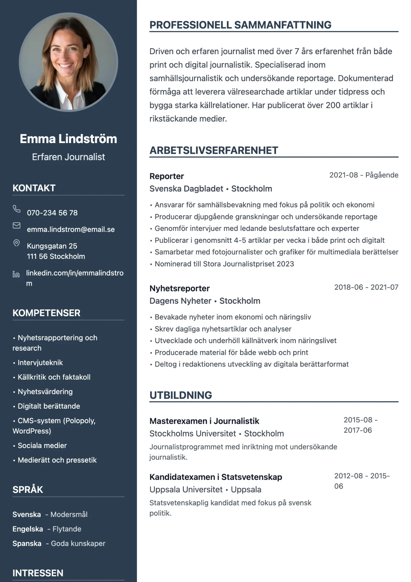 Exempel på CV för journalist med kreativ design och fokus på kommunikation
