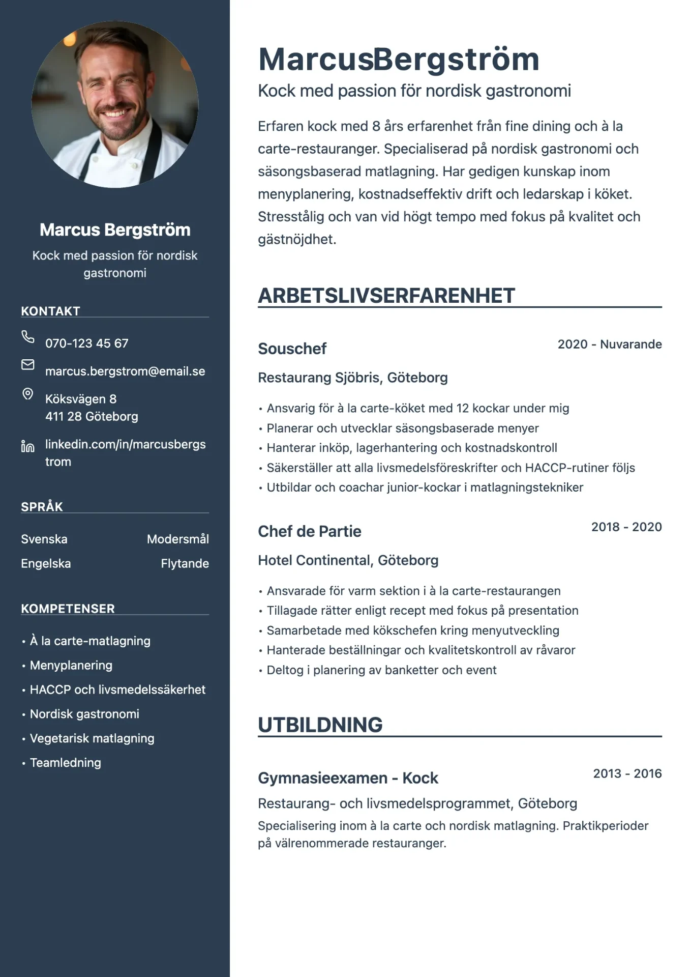Exempel på CV för kock med kreativ layout och fokus på kulinarisk expertis