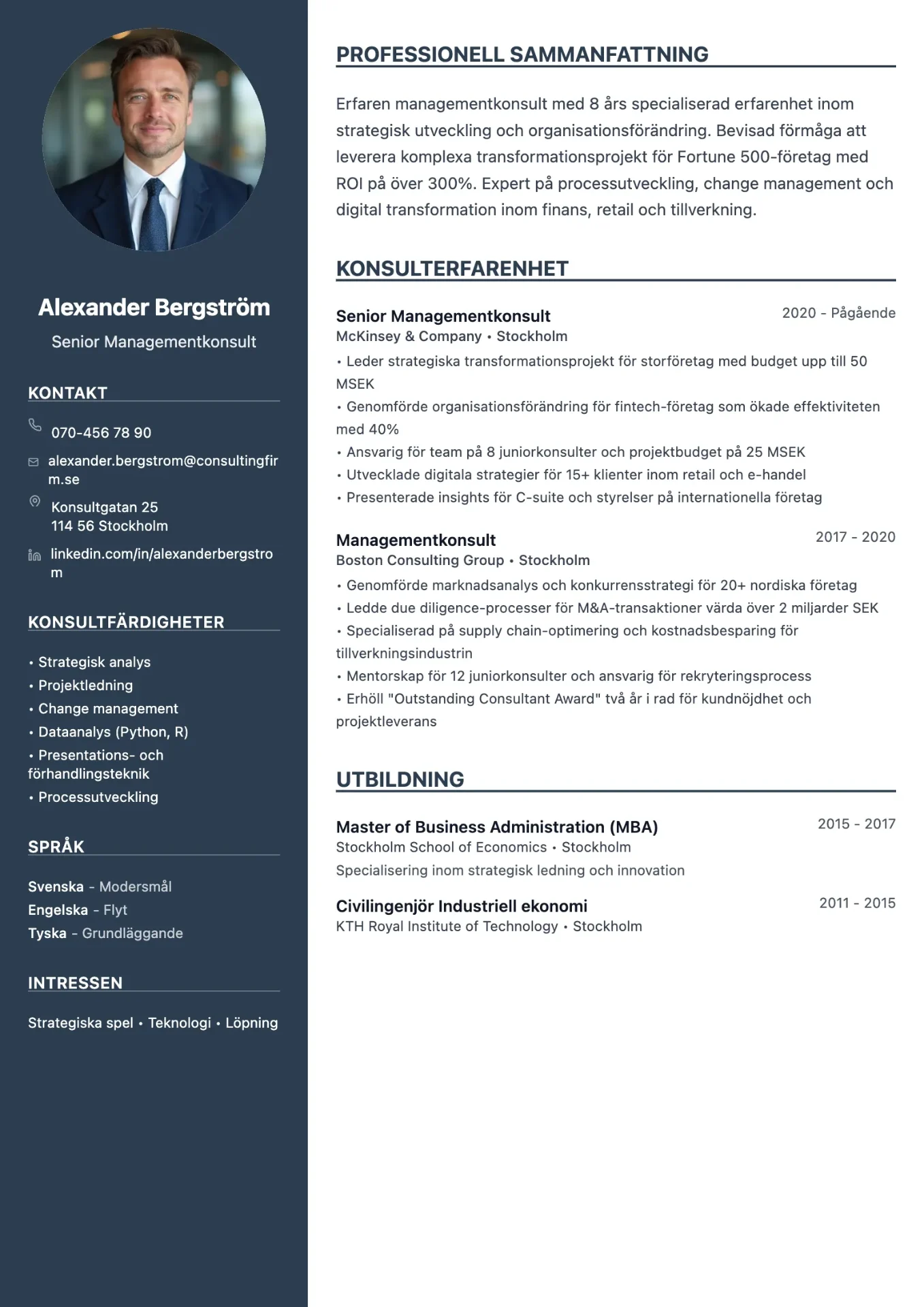 Exempel på CV för konsult med affärsmässig design och professionell prägel