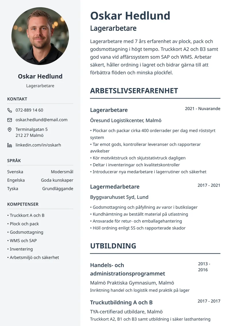 Cv-exempel för lagerarbetare med tydlig mall