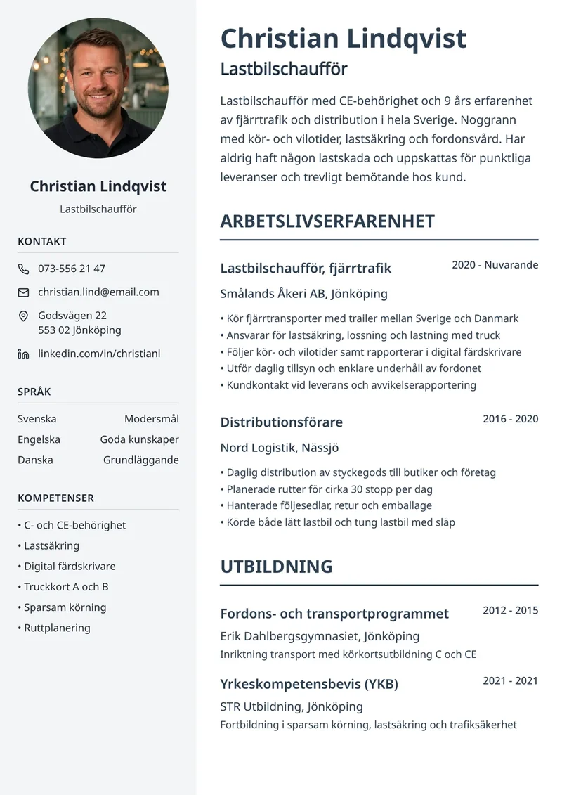 Cv-exempel för lastbilschaufför med tydlig mall