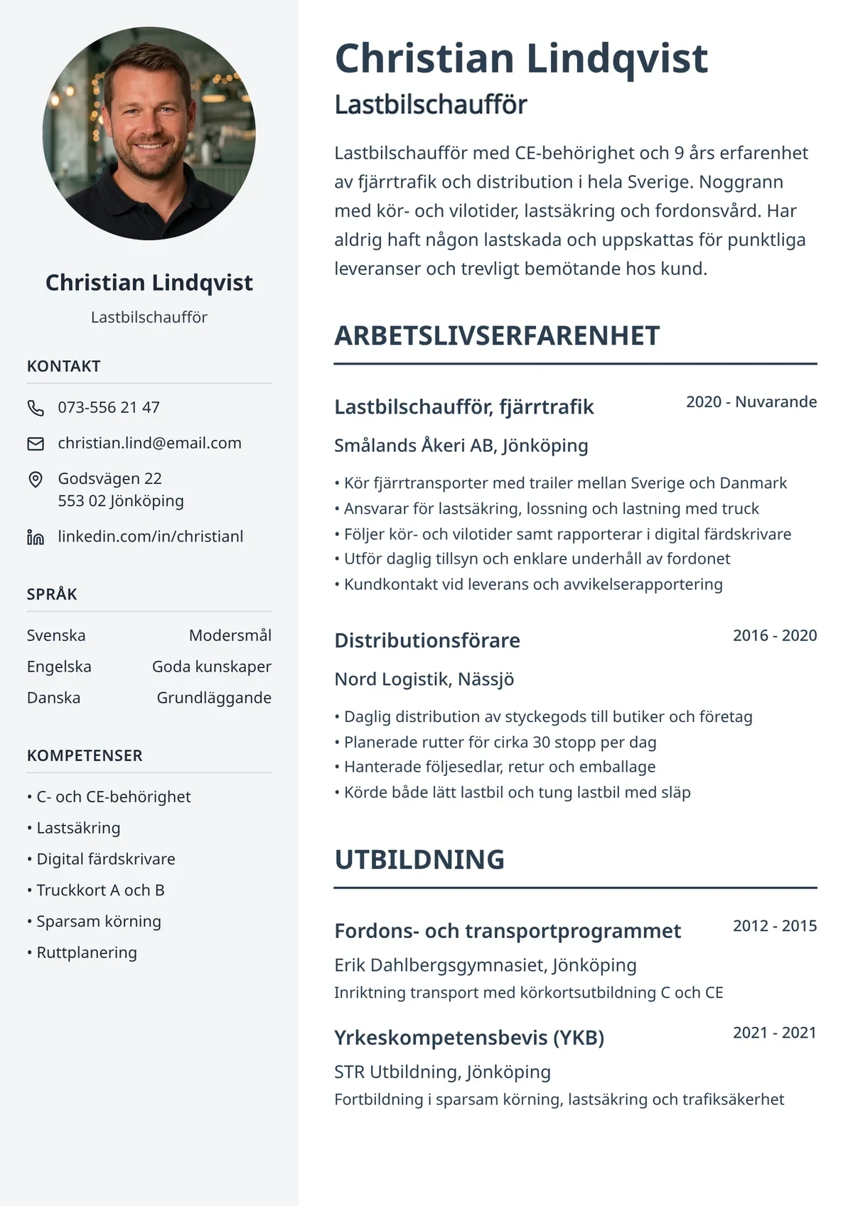 CV-exempel för lastbilschaufför med tydlig mall
