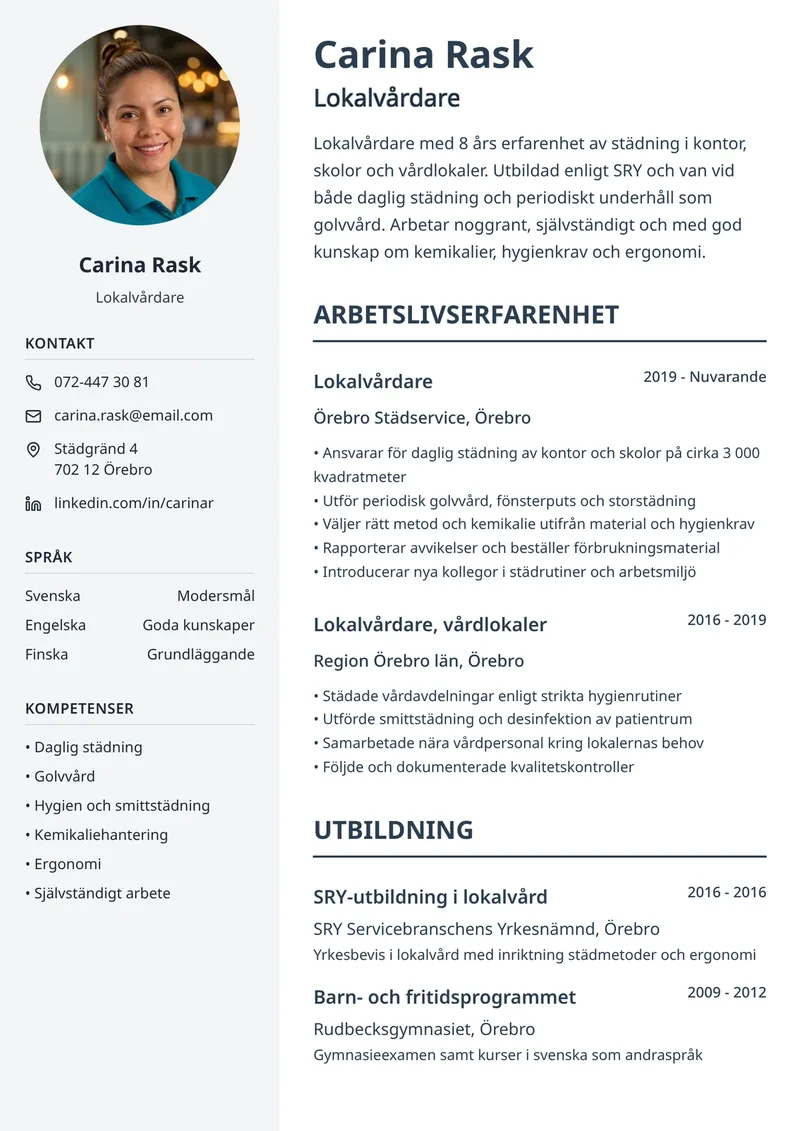 Cv-exempel för lokalvårdare och städare med tydlig mall