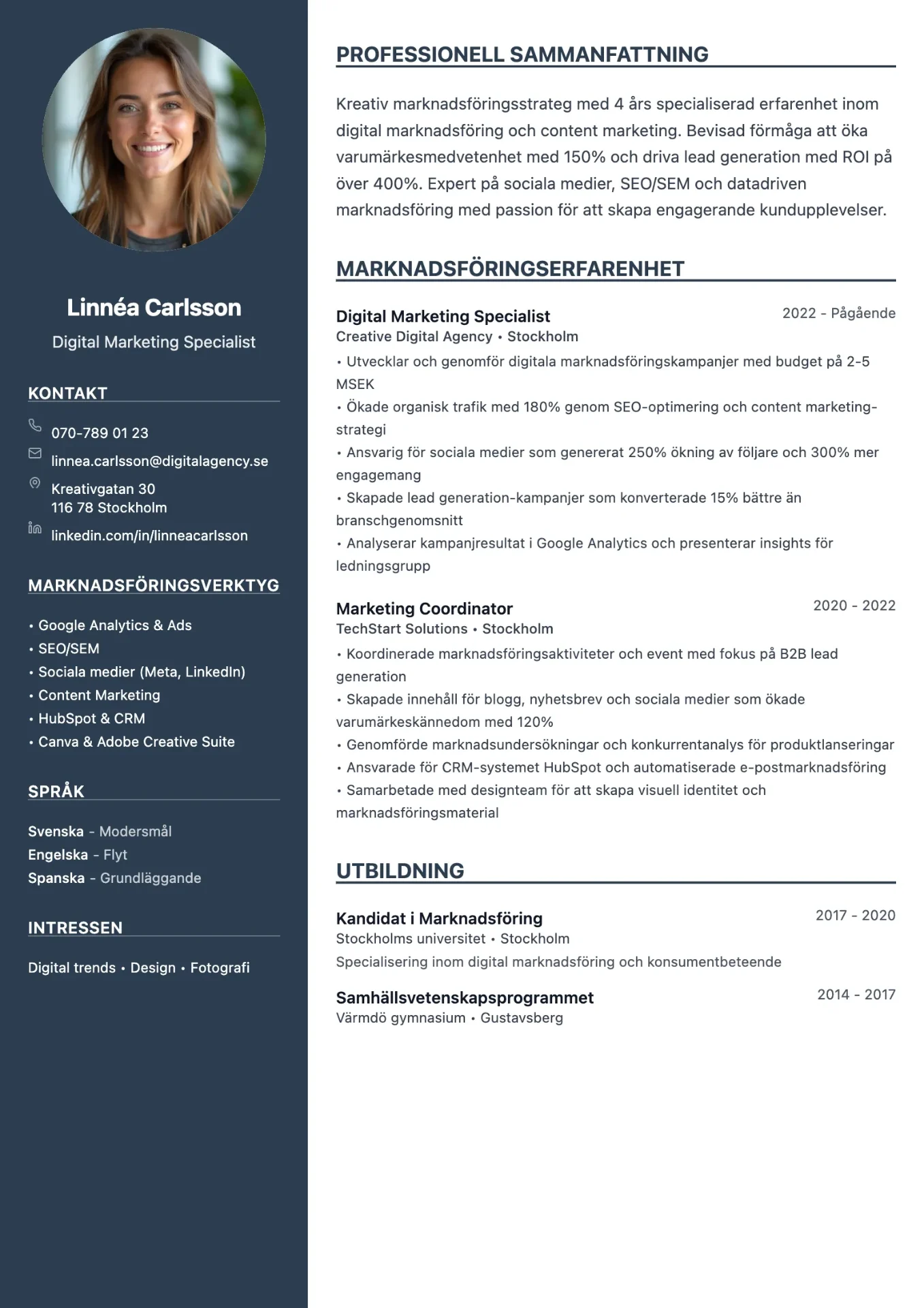 Exempel på CV för marknadsföring med kreativ design och modern känsla