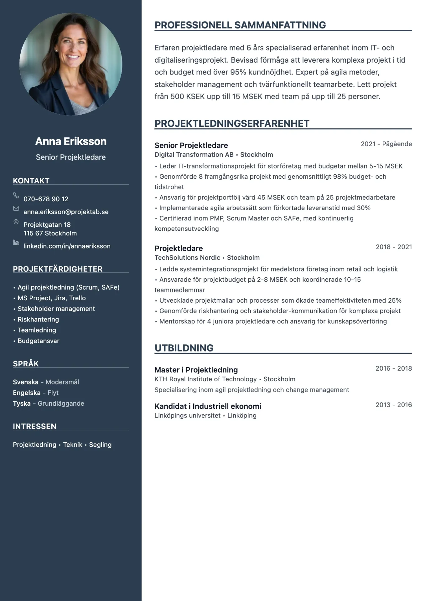 Exempel på CV för projektledare med professionell design och strukturerad layout
