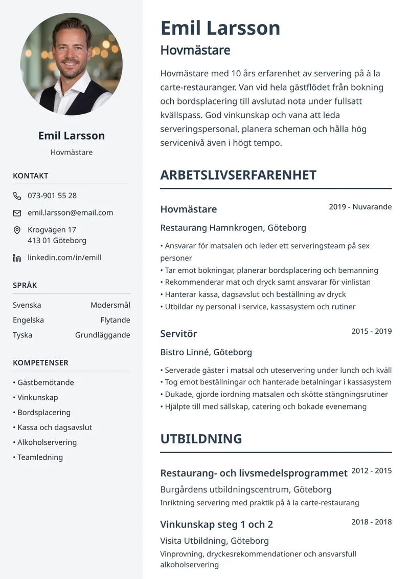 Cv-exempel för restaurang med tydlig mall